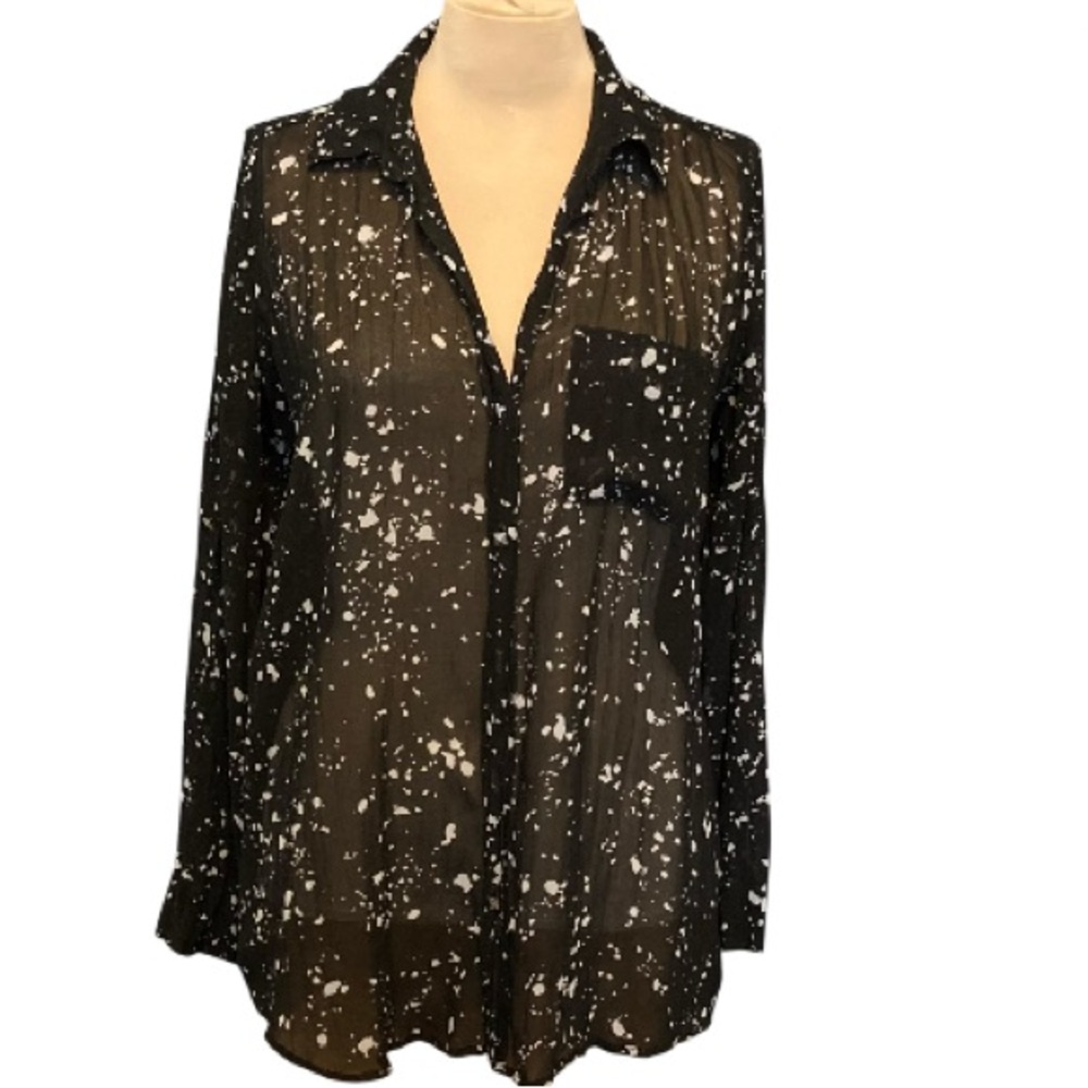 Rock & Republic Sheer Black Blouse w/ Camp Sleeves& White Pain Splatter Design